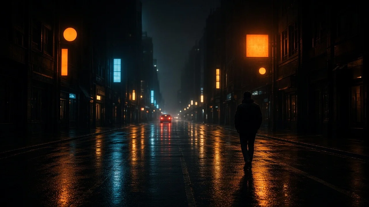 A man walking alone down a wet neon street at night